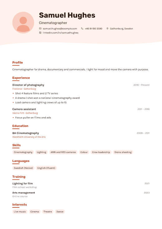Cinematographer resume template, Studio design