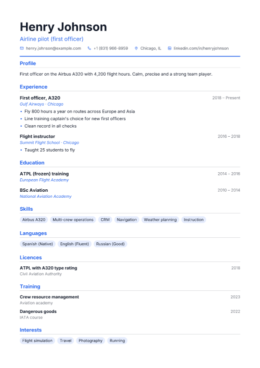 Airline pilot (first officer) resume template, Commit design