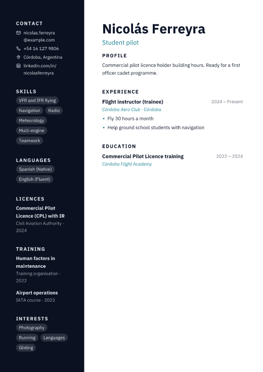 Student pilot resume template, Stack design