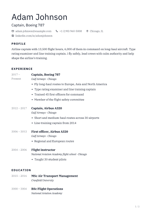 Captain, Boeing 787 resume template, Shell design, 2 pages