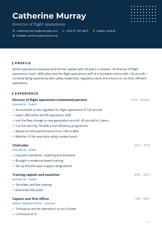 Director of flight operations resume template, Uptime design, 3 pages
