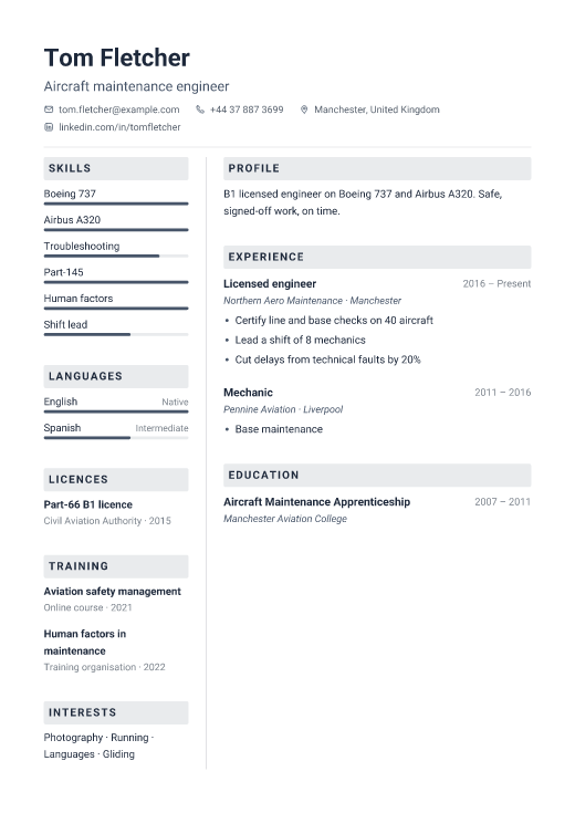 Aircraft maintenance engineer resume template, Kernel design