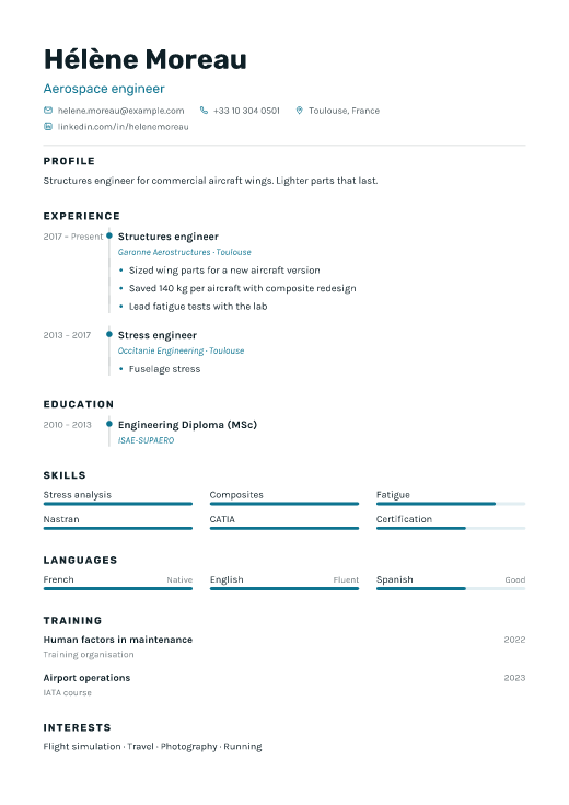 Aerospace engineer resume template, Signal design