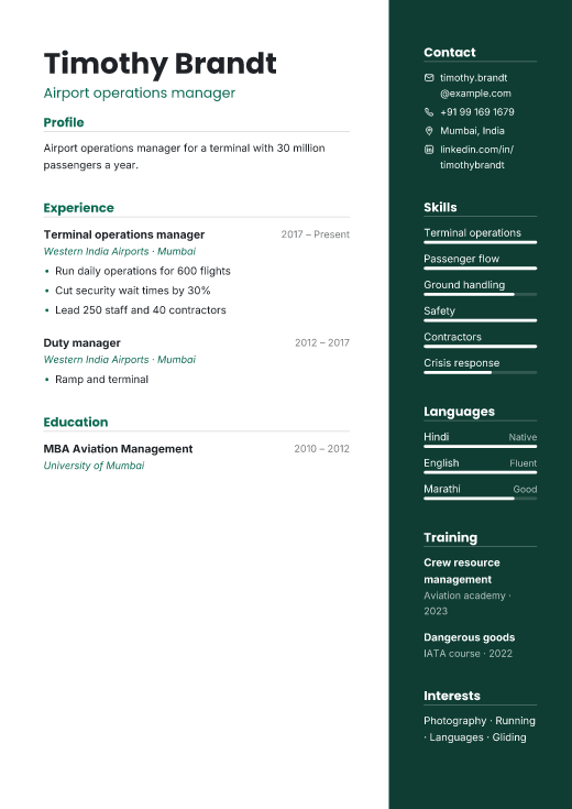 Airport operations manager resume template, Vector design