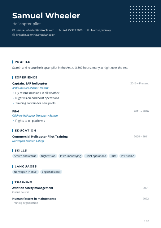 Helicopter pilot resume template, Uptime design