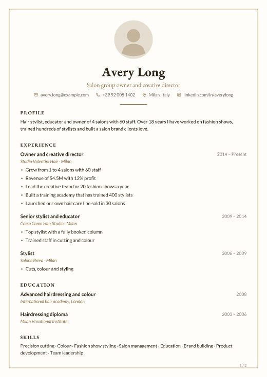 Salon group owner and creative director resume template, Frame design, 2 pages