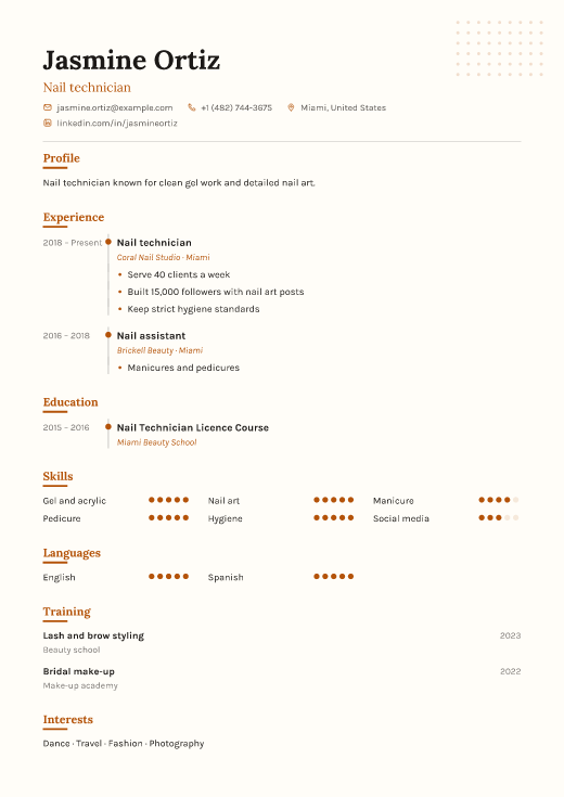 Nail technician resume template, Sketch design
