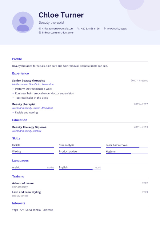 Beauty therapist resume template, Spotlight design