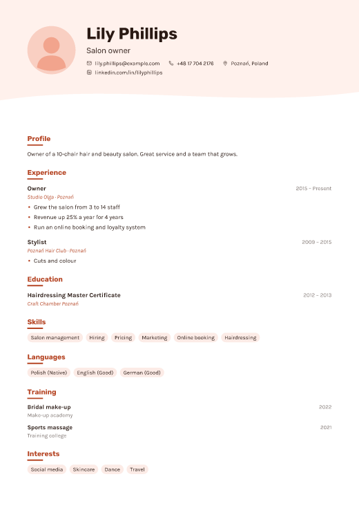 Salon owner resume template, Studio design