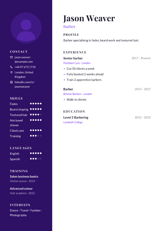Barber resume template, Canvas design