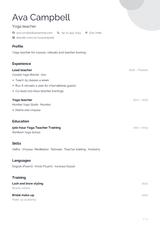 Yoga teacher resume template, Gallery design