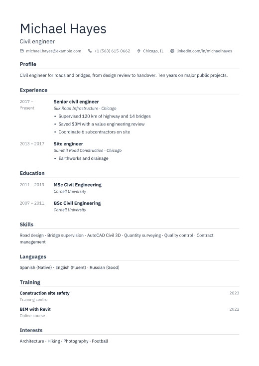 Civil engineer resume template, Depot design