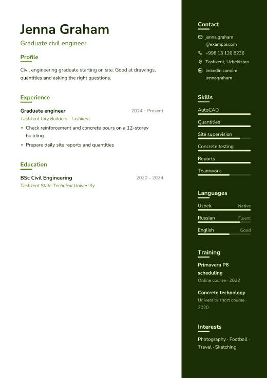 Graduate civil engineer resume template, Field design