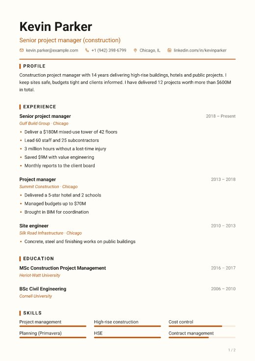 Senior project manager (construction) resume template, Workshop design, 2 pages