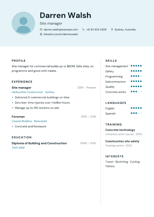 Site manager resume template, Crew design