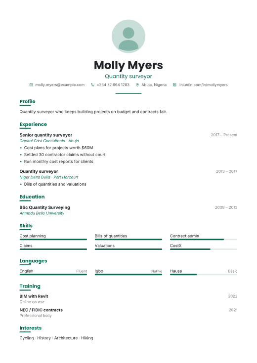 Quantity surveyor resume template, Shift design