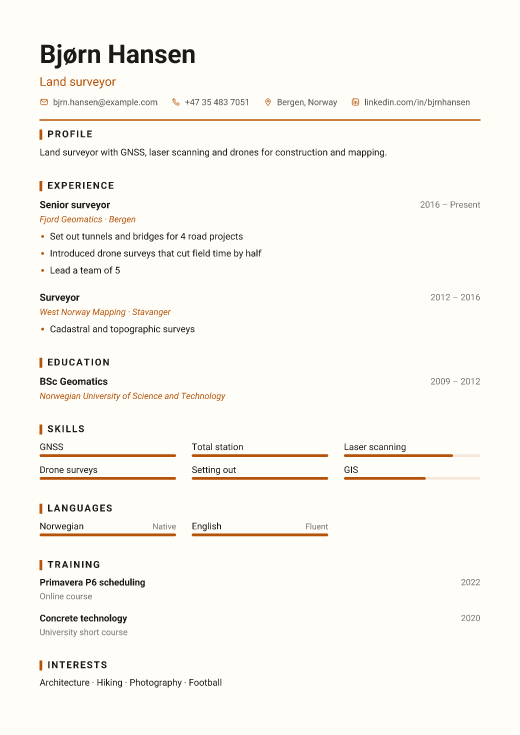 Land surveyor resume template, Workshop design