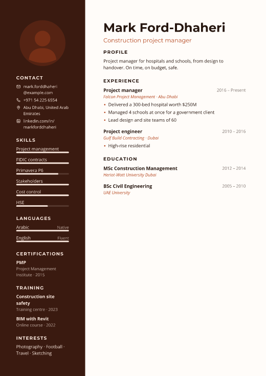 Construction project manager resume template, Site design