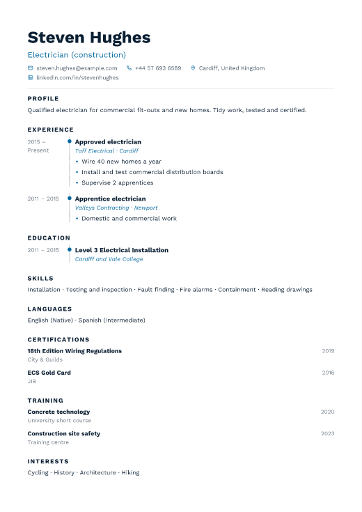 Electrician (construction) resume template, Harbour design
