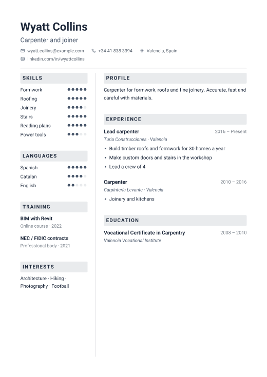 Carpenter and joiner resume template, Toolbox design