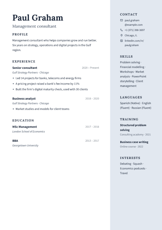 Management consultant resume template, Atrium design