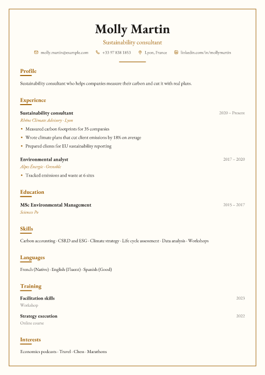 Sustainability consultant resume template, Chambers design