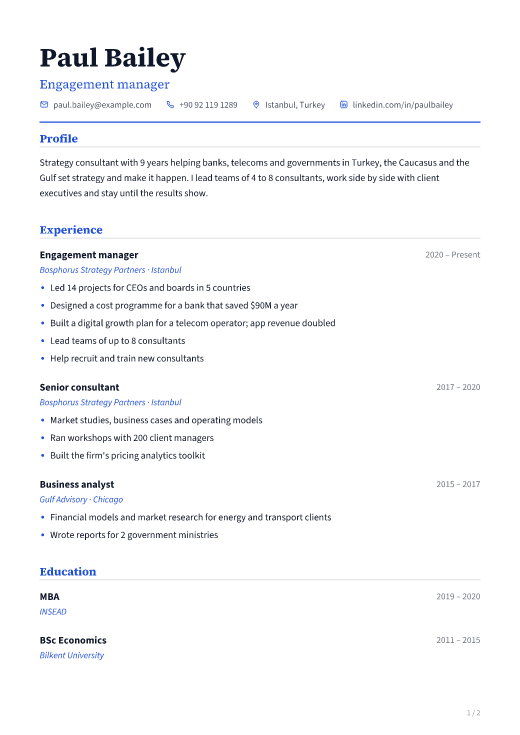 Engagement manager resume template, Classic design, 2 pages