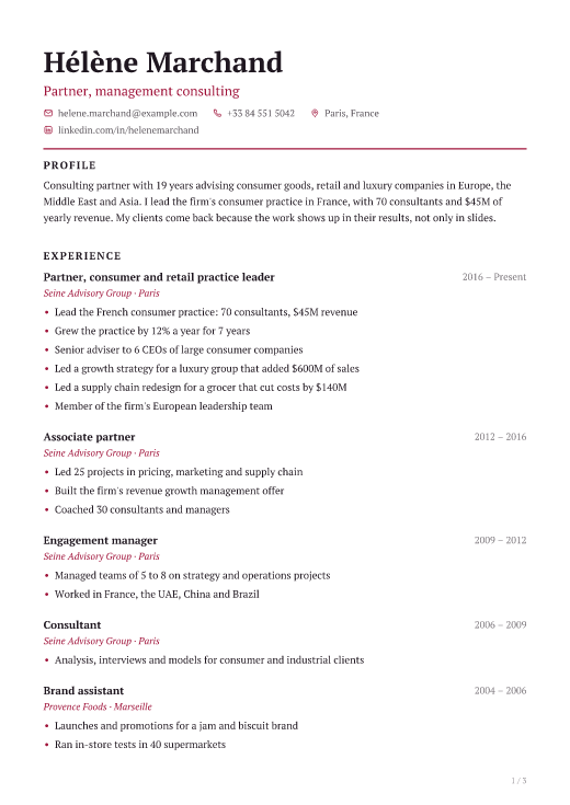 Partner, management consulting resume template, Charter design, 3 pages