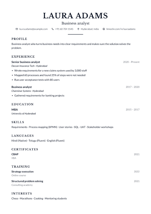 Business analyst resume template, Counsel design