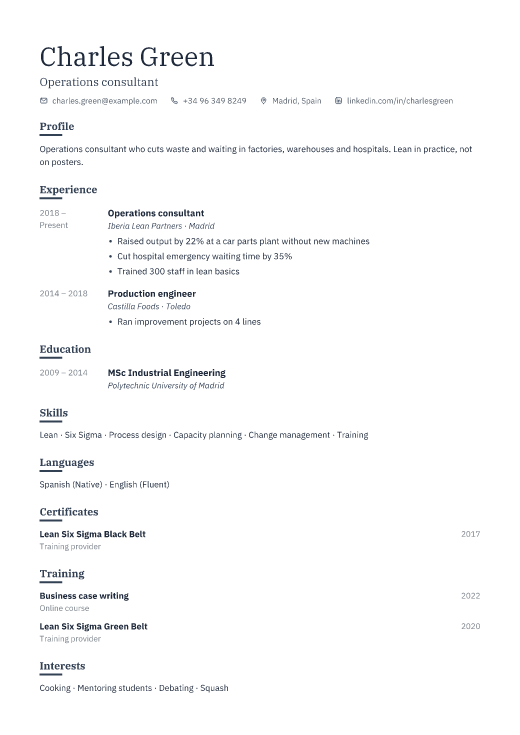 Operations consultant resume template, Ledger design
