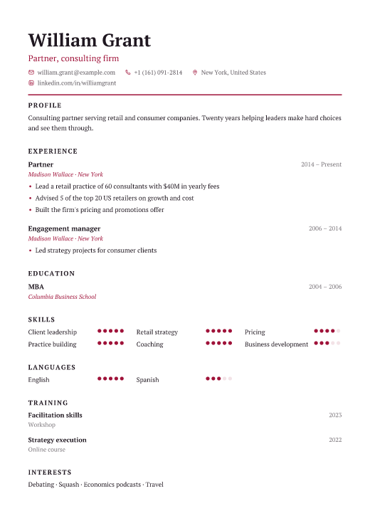 Partner, consulting firm resume template, Charter design