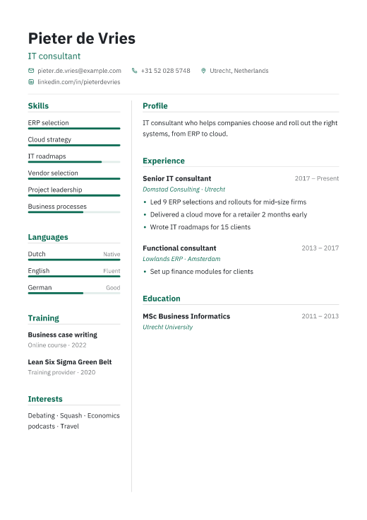 IT consultant resume template, Treasury design