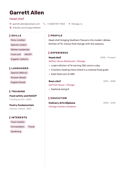 Head chef resume template, Mosaic design