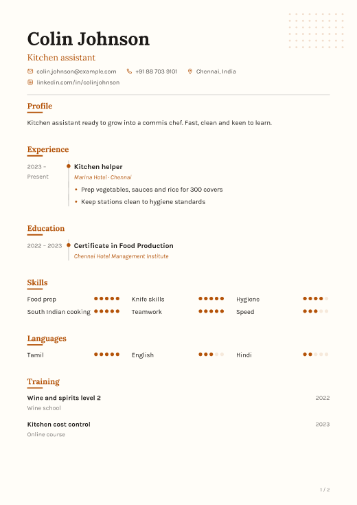 Kitchen assistant resume template, Sketch design