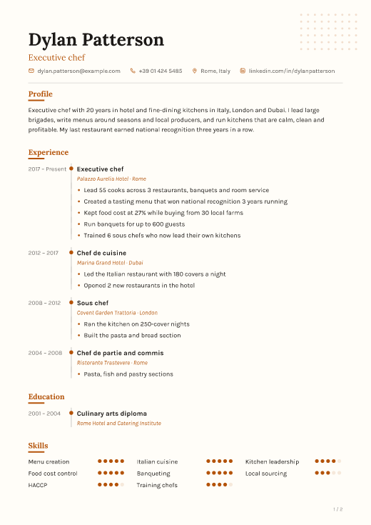 Executive chef resume template, Sketch design, 2 pages