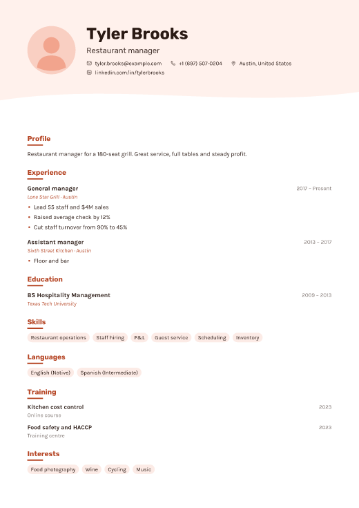 Restaurant manager resume template, Studio design