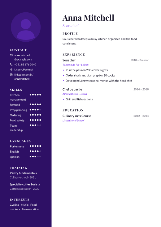 Sous chef resume template, Canvas design
