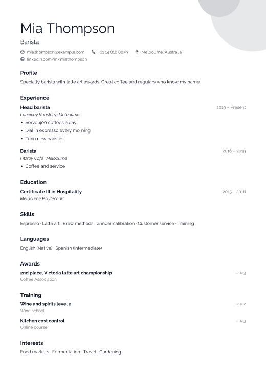 Barista resume template, Gallery design