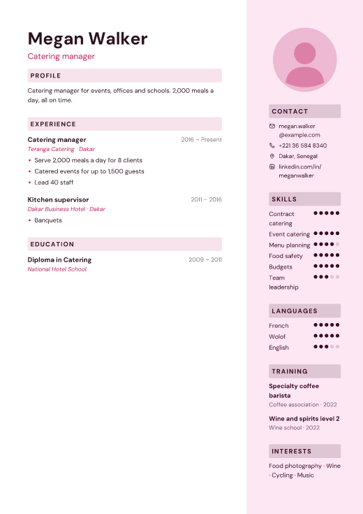 Catering manager resume template, Palette design