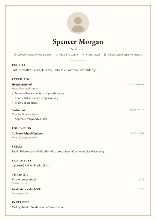 Sushi chef resume template, Frame design