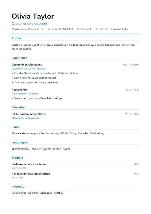 Customer service agent resume template, Clinic design