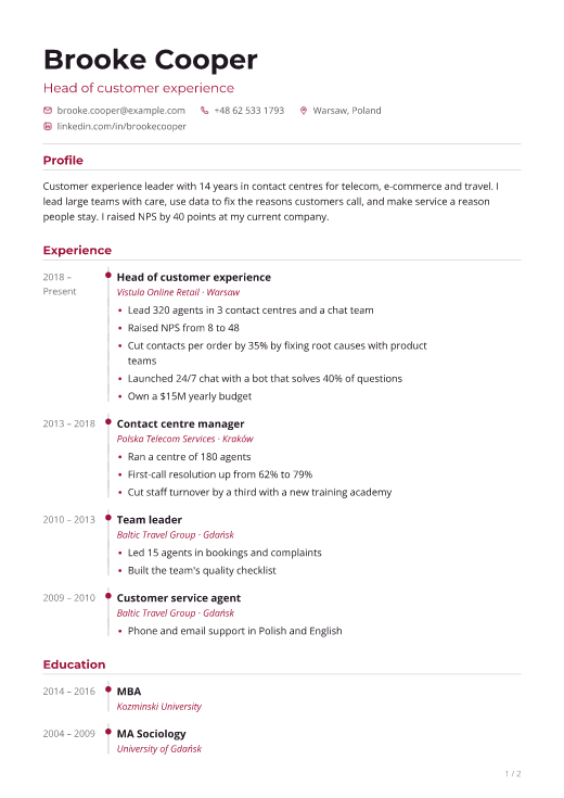 Head of customer experience resume template, Pulse design, 2 pages