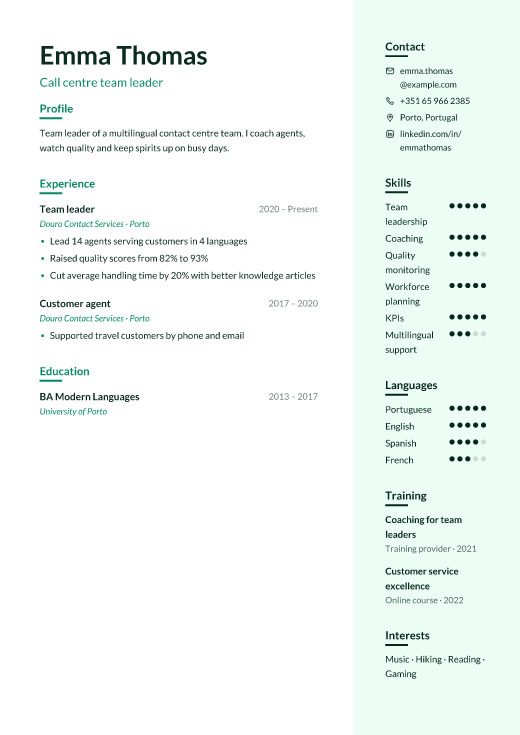 Call centre team leader resume template, Remedy design