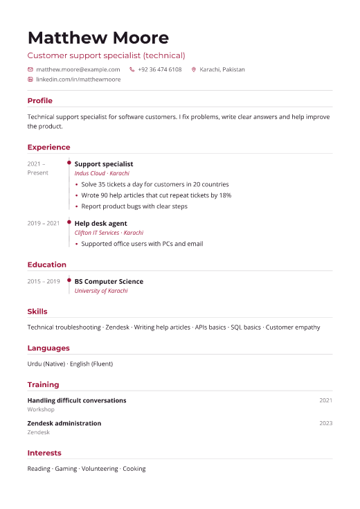 Customer support specialist (technical) resume template, Pulse design