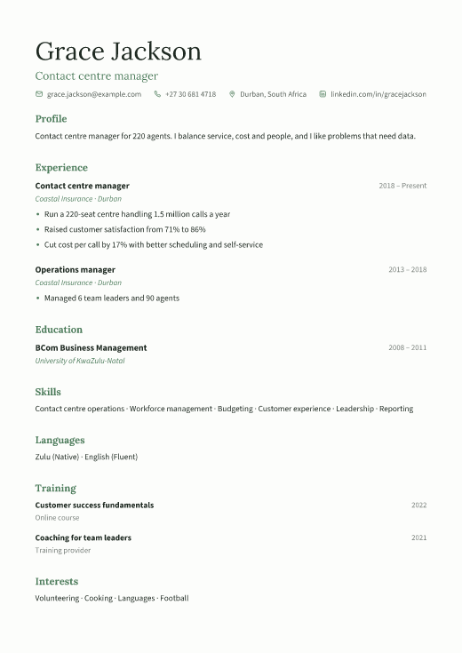 Contact centre manager resume template, Calm design