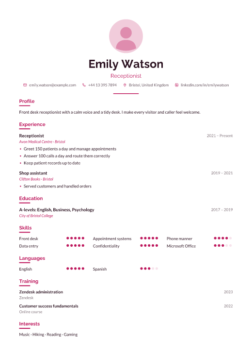 Receptionist resume template, Care design