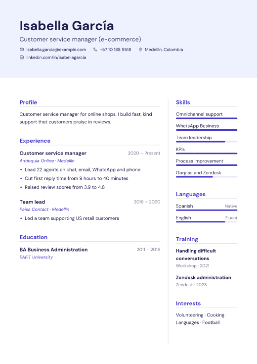 Customer service manager (e-commerce) resume template, Mercy design