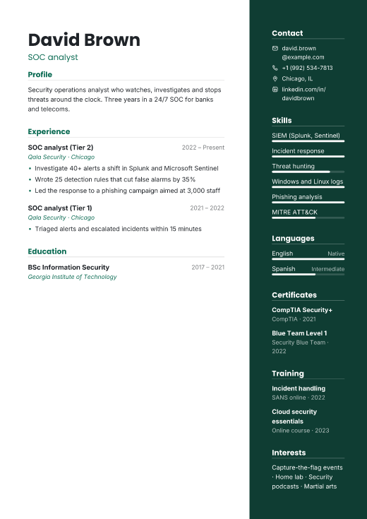 SOC analyst resume template, Vector design