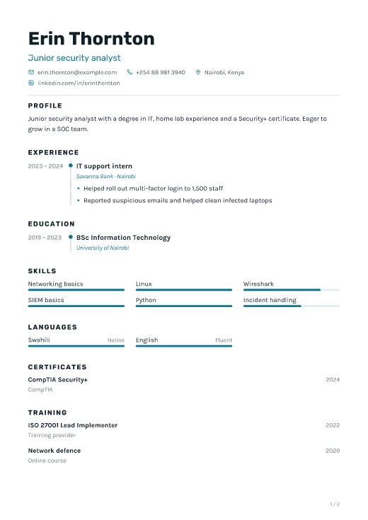 Junior security analyst resume template, Signal design