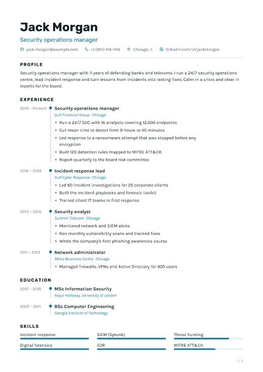 Security operations manager resume template, Signal design, 2 pages